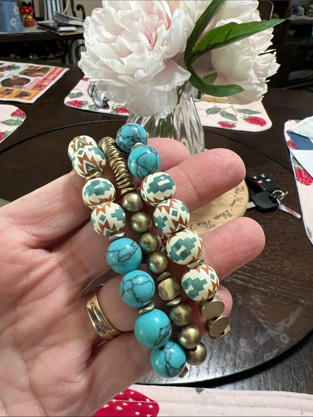 New Turquoise & Cream Beaded Stretch Bracelet Stack